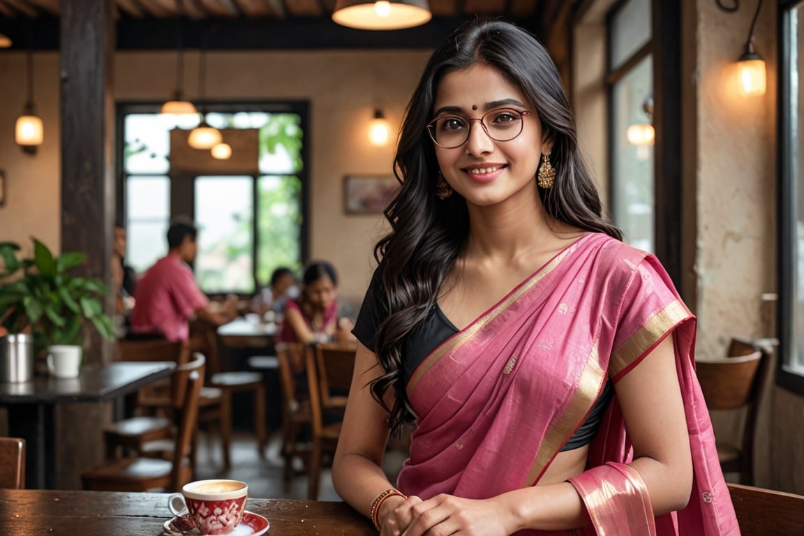 (masterpiece, best quality, ultra-detailed, 8K),high detail, realisitc detailed,
a beautiful young girl with long flowy black hair over shoulders in the dark, pink sari outfits, brown eyes, pale soft skin, kind smile, glossy lips, a serene and naughty mood, wearing glasses, setting in coffee shop,