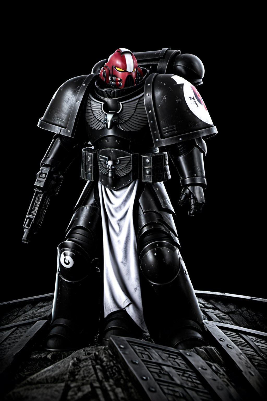 High quality, 8k,Warhammer 40k Space Marine, standing on piles of bodies, battlefield scene, dark scene, ((Raven Guard)),SpaceMarine1024, ((Black Armor)), red and white accents on armor, silver sigil on chest, (white helmet), red eyes, glowing eyes, (dark scene), red accent on shoulder pads, no graphics on knees