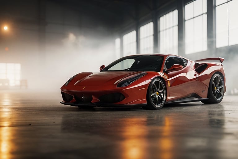 photo of Ferrari in a dimly lit warehouse in the fog, high quality photo, side, lens flare, bokeh, 8k resolution, gobo lights, warm ambient light, volumetric light, neon lights, depth of field, analog, hazy atmosphere