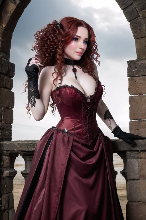 medieval, vampire bride, red curly hair, full body, fangs, blood covered lower face, clawed hands