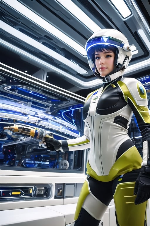 a female technician in a high-tech suit and helmet observes a beautiful futuristic ivory spaceship with a technological cigar shape with many illuminated windows and covered with intricate cables and tubes with colored lights taking off from a gigantic space port full of personal equipment immersed in a thick, lush and wild vegetation of a tropical island on a beautiful sunny day