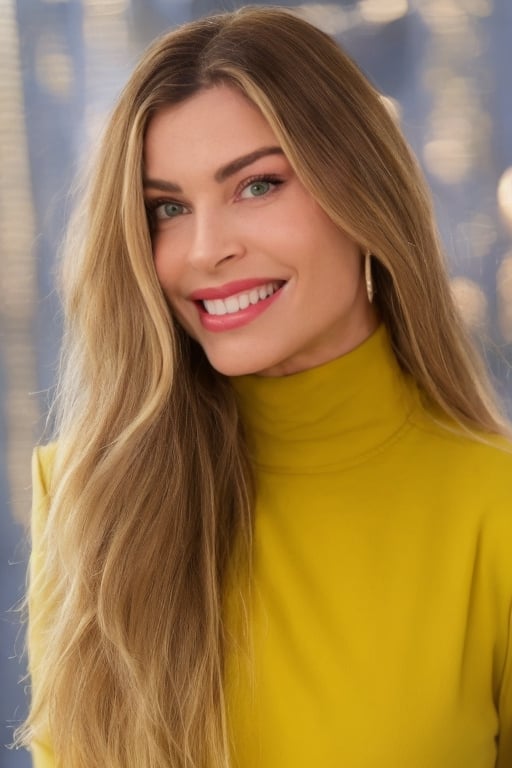 Photo of beautiful gr4z1m4ss4f3r4 woman, detailed face, (light bokeh)+, yellow turtleneck blouse, makeup++, slight smile