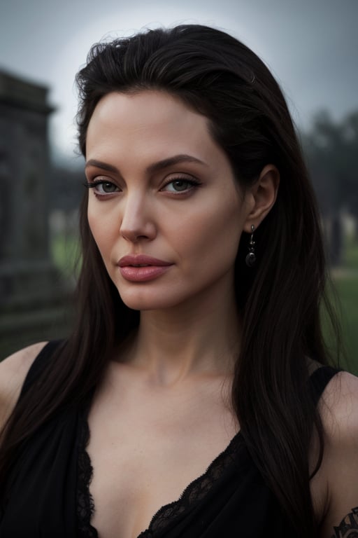 hyperrealistic photo of Angelina Jolie in an ancient cemetery, wearing a long black lace dress with lace and velvet details. She is among stone tombstones, with a mysterious and melancholic gaze. The moonlight illuminates the scene, creating a dark and intriguing effect. The image has a gothic style, with focus on Angelina Jolie's dark beauty and the mystical atmosphere of the cemetery.  The image has 8K resolution, sharp details, realistic textures, and vivid colors.