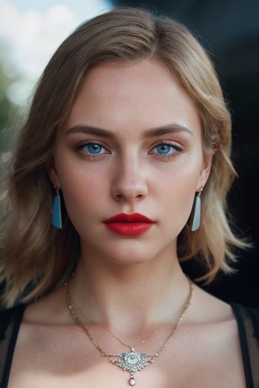 beautiful blonde, fashion, earring, necklace, red lipstick, detailed pale skin, light blue eyes, photo, 8k, HD. Photography, ((realism)), extremely high quality RAW photography, ultra detailed photography, sharp focus, high resolution, (detailed skin: 1.3), high quality, film grain, Fujifilm XT3, highly detailed, film, ( cinematic photo: 1.3 ) by (Realistic:1.3)