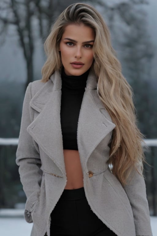 Hyperrealistic photo of Yasmin Brunet, from the waist up, realistic face, realistic eyes, wearing a stylish grey wool coat with a high collar and a black silk scarf, a fine cream wool blouse, and black velvet pants, in a winter setting with a snowy landscape background and soft, cold lighting.  She has an intense and contemplative expression, as if she were reflecting on the cold and beauty of winter. High level of detail for skin and hair texture, with sharp details and depth. Smooth and natural appearance, with less contrast and saturation, as if it were a realistic and delicate photograph. 