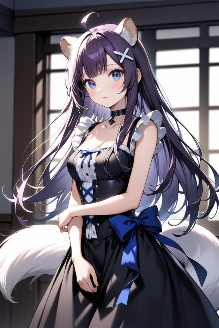 1girl, stoat girl, solo,  ((purple hair)), very long hair, blue eyes, (straight hair), (bangs), animal ears, (stoat ears:1.2),
 Choker, ahoge, yaeba, (big white stoat Tail:1.2), (blue X hairpin), solo, long hair, breasts, looking at viewer, bangs, hair ornament, no sleeves, dress, ribbon, medium breasts, closed mouth, frills, parted lips, hairclip, indoors, black dress, blue ribbon, neck blue ribbon, floating hair, corset