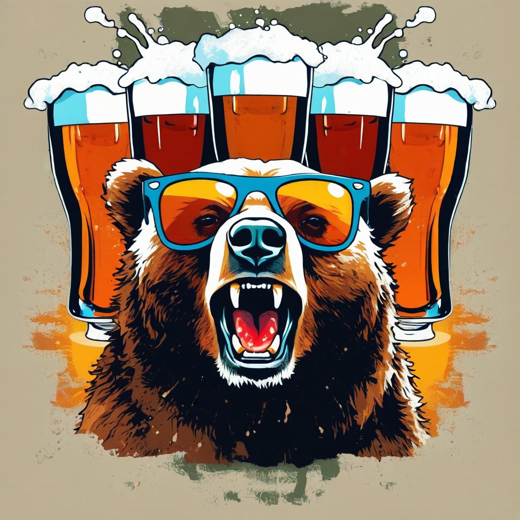 Image of a 5 beer glass overflowing with beer, overlaid with the face of a bear wearing sunglasses, creating a humorous and unexpected composition. , Vintage T-shirt, colorful Color Palette, Distressed Texture, Sketch Style, Horizon Perspective ,T shirt design,TshirtDesignAF,cartoon logo,sticker