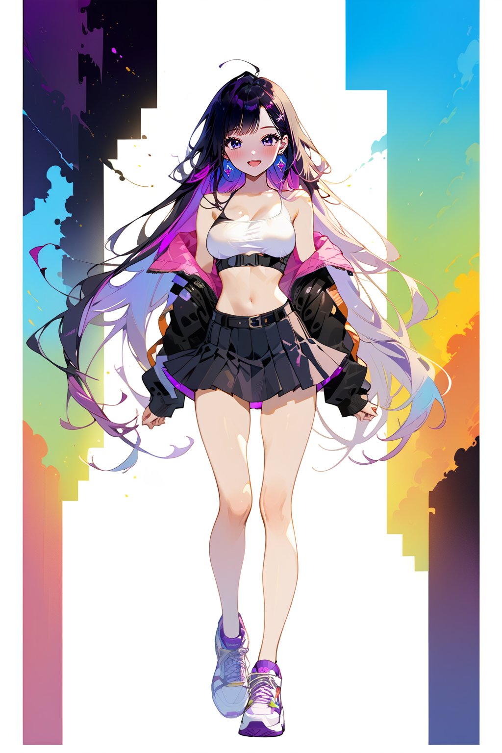 1girl, solo, 25yo, long hair, breasts, looking at viewer, blush, smile, bangs, large breasts, black hair, long sleeves, navel, bare shoulders, very long hair, standing, purple eyes, cropped jacket, full body, white tube top, thighs, multicolored hair, outdoors, open clothes, sport shoes, skirt, sleeveless, midriff, various belts, hand up, off shoulder, stomach, grin, two-tone hair, open jacket, black jacket, microskirt, bare legs, black skirt, thigh gap, sneakers, purple inner hair, tall, masterpiece, best quality, very aesthetic, absurdres, Comix_style, bright colors, more,detail,element