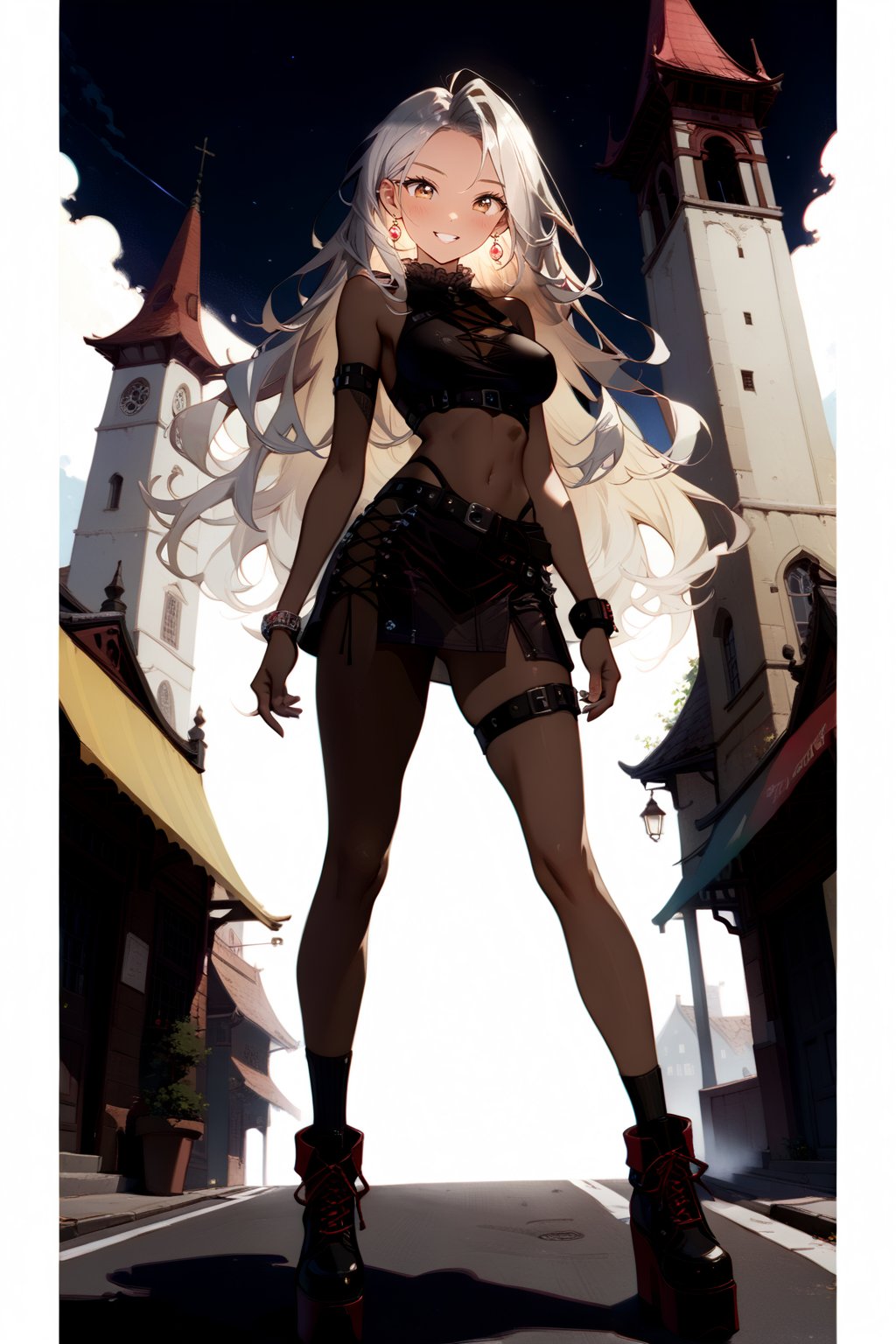 1girl, solo, 25yo, very long hair, breasts, looking at viewer, blush, smile, bangs, microskirt, large breasts, crop top, red eyes, navel, bare shoulders, standing, full body, silver hair, thighs, outdoors, sky, sport boots, sleeveless, midriff, day, punk belt, dark skin, black skirt, stomach, black footwear, grin, bare arms, black crop top, building, bare legs, thigh gap, cross-laced footwear, side slit pencil skirt, various belts, taut clothes, tall, masterpiece, best quality, very aesthetic, Comix_style, bright colors, more,detail,element