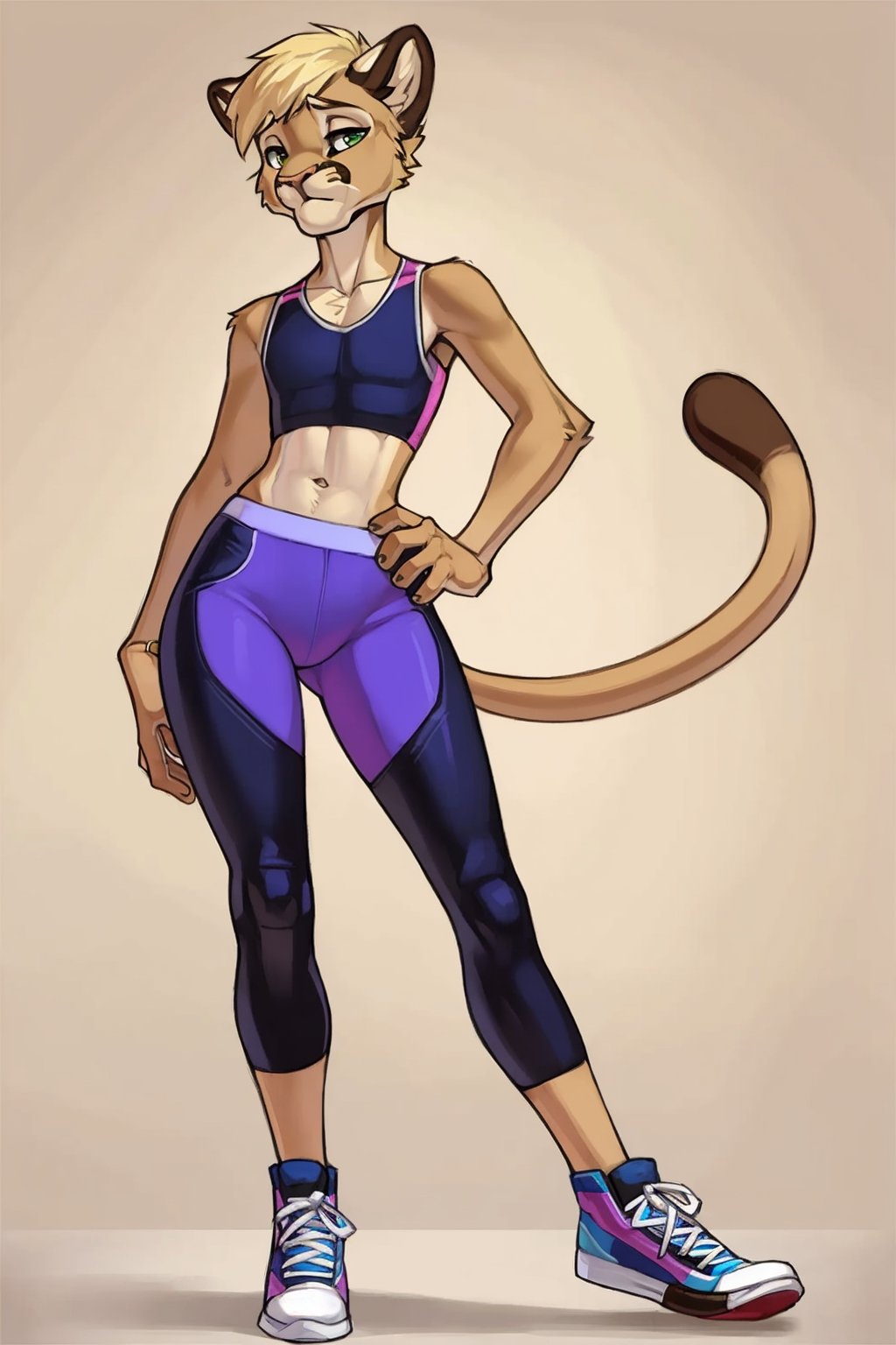 Furry, Anthro, e621, furaffinity, solo male, 35 year old anthro feline, full body, middle-aged, DILF, gym outfit, leggings, nervous, small mouth, cougar, mountain lion, (by onta:0.45), femboy, short blonde bangs, small eyes, bubble butt, toned body, tan skin, twink, tiny waist, slender body, high top sneakers, athletic build, flat chest, booty, wide hips, thick ass, thick thighs, curvy, (toned stomach:0.2), simple background, by kihu, (by chunie:0.2)