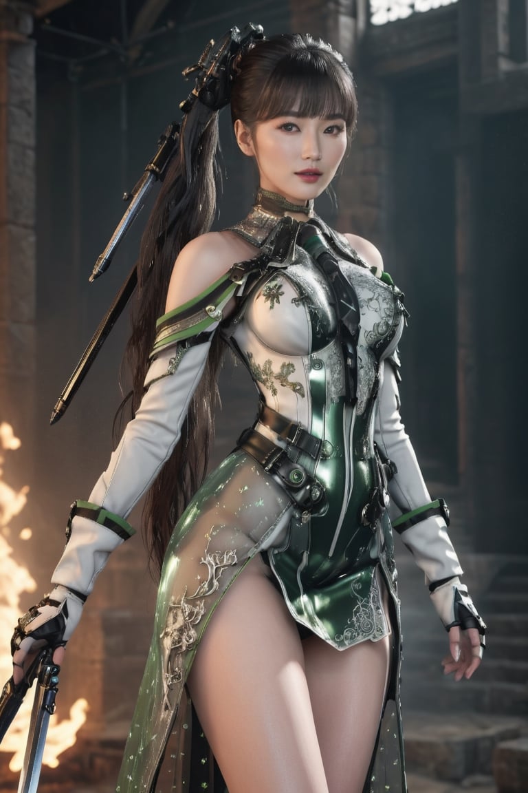 (medium shot:0.8)/(from below, from front). A 17-years-old ethereal breathtakingly glamorous korean girl/(busty, black hair/(long ponytail:1.05), perfect model body, medium large breast, an ethereal beautiful face/(translucent skin texture, porcelain skin tone), wearing a combat suit/(cyborg, green gothic lolita attire, (miniskirt:1.2), glowing embroidery) accentuating the beautiful thigh, beautiful long legs, gloves, emanating sexual attractiveness). ((holding sword/(white flaming sword, combat stance, strike, perfect hand, perfect grip):1.12), award-winning, (hyperrealistic:1.2), depth of field, 8k uhd, high resolution, perfect detail, intricate detail, raw photo, Rembrandt lighting, battlefield/(epic, wreck, ruined, monastery), photo_b00ster, glowing sword