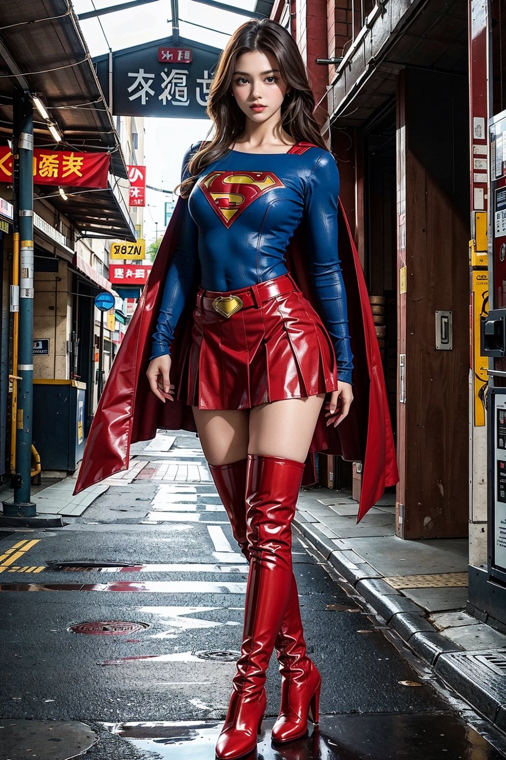 1girl, long black hair,supergirl,wearing Supergirl's blue tight uniform,perfect,red Boots higher than knees,Red miniskirt,Red long cape,full body,Bright colors,Bright red Boots, red miniskirt,Huge chest,Boots over the knee,Clothes are tied to skirts,Red miniskirt,Female model posen,Red over-the-knee pointed high-heeled boots,full body,running in the middle of the road,full body,tall girl,long boots,Red long cape,Boots longer than legs,Chinese supergirl,18years old,Don't show belly,Extremely long tip boots,red skirt,full body,supergirl's tight suit,Don't show knees,Knees wrapped in boots,strong girl,Pointy high-heeled boots,thin high heels,Uniforms and skirts are connectedUniforms and skirts are connected,Don't show your stomach,red skirt,full body,Extra long red boots,Golden Supergirl Belt,One-piece tight uniform
,Show the outline of the muscles,Red miniskirt and long cape,Boots must be over the knee,Integrated coats,Golden Supergirl Belt,Red miniskirt,Full of muscles,Tall and strong,Sexy,Full of muscle beauty,red dress,The skirt must be red.
