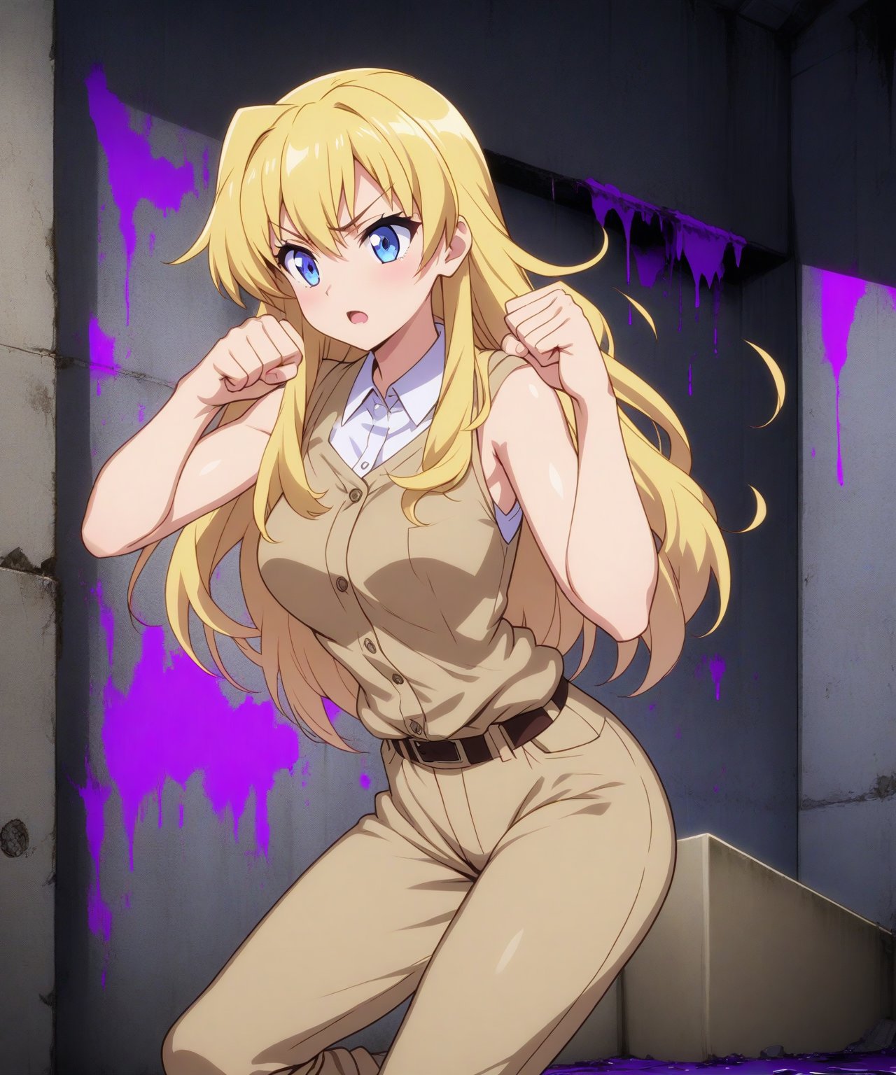 beautiful sexy blonde anime girl with long blonde hair & blue eyes, clenching her fists, fight idle pose, wearing white sleeveless button up collared shirt & beige khaki pants, covered in purple blood, abandoned parking garage covered in purple blood at night time, 1girl