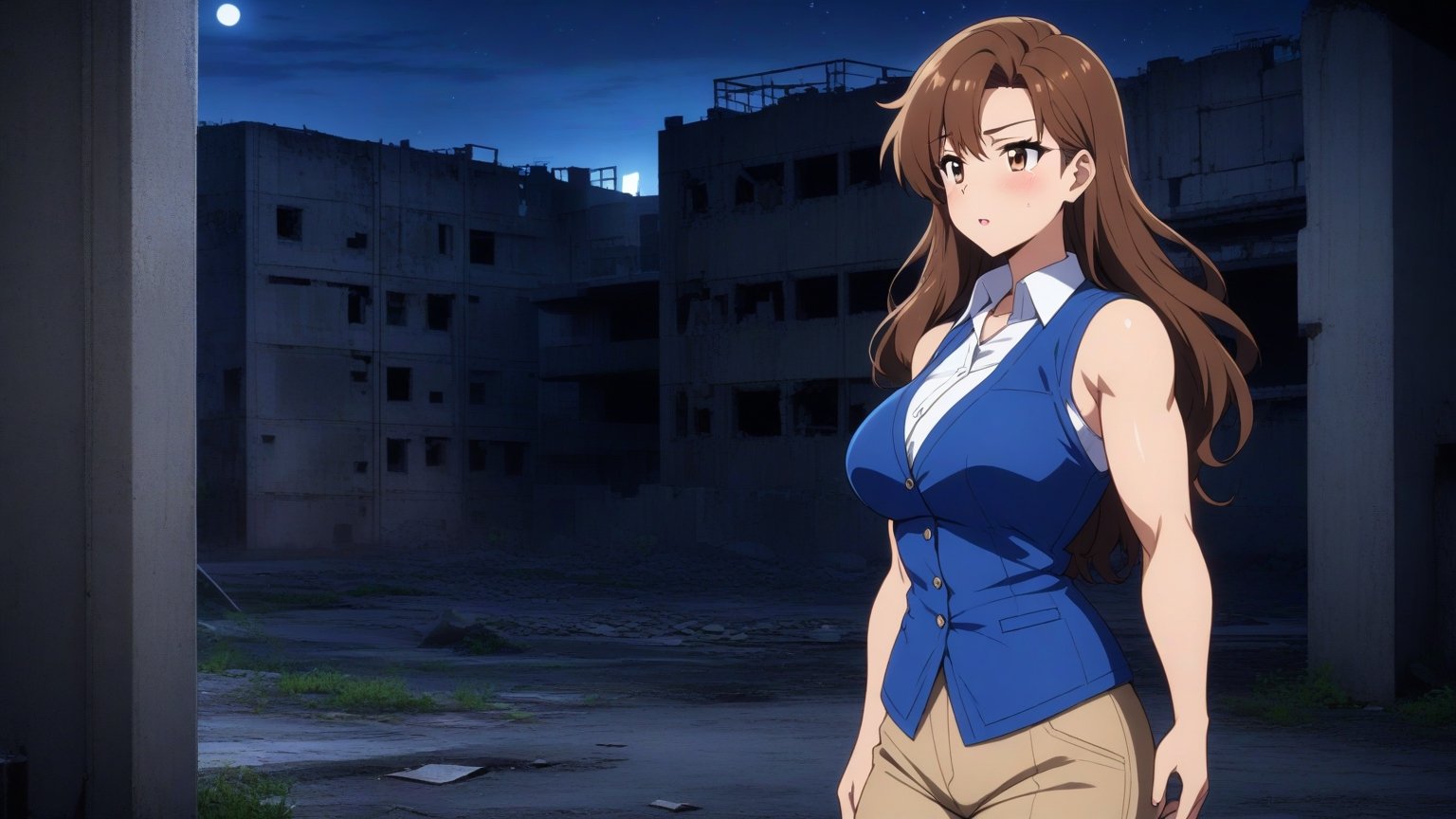 beautiful sexy anime girl with long brown hair & a muscular body, wearing white sleeveless button up collared shirt with a blue vest over it & beige khaki pants, in a abandoned urban construction site at night time, 1girl