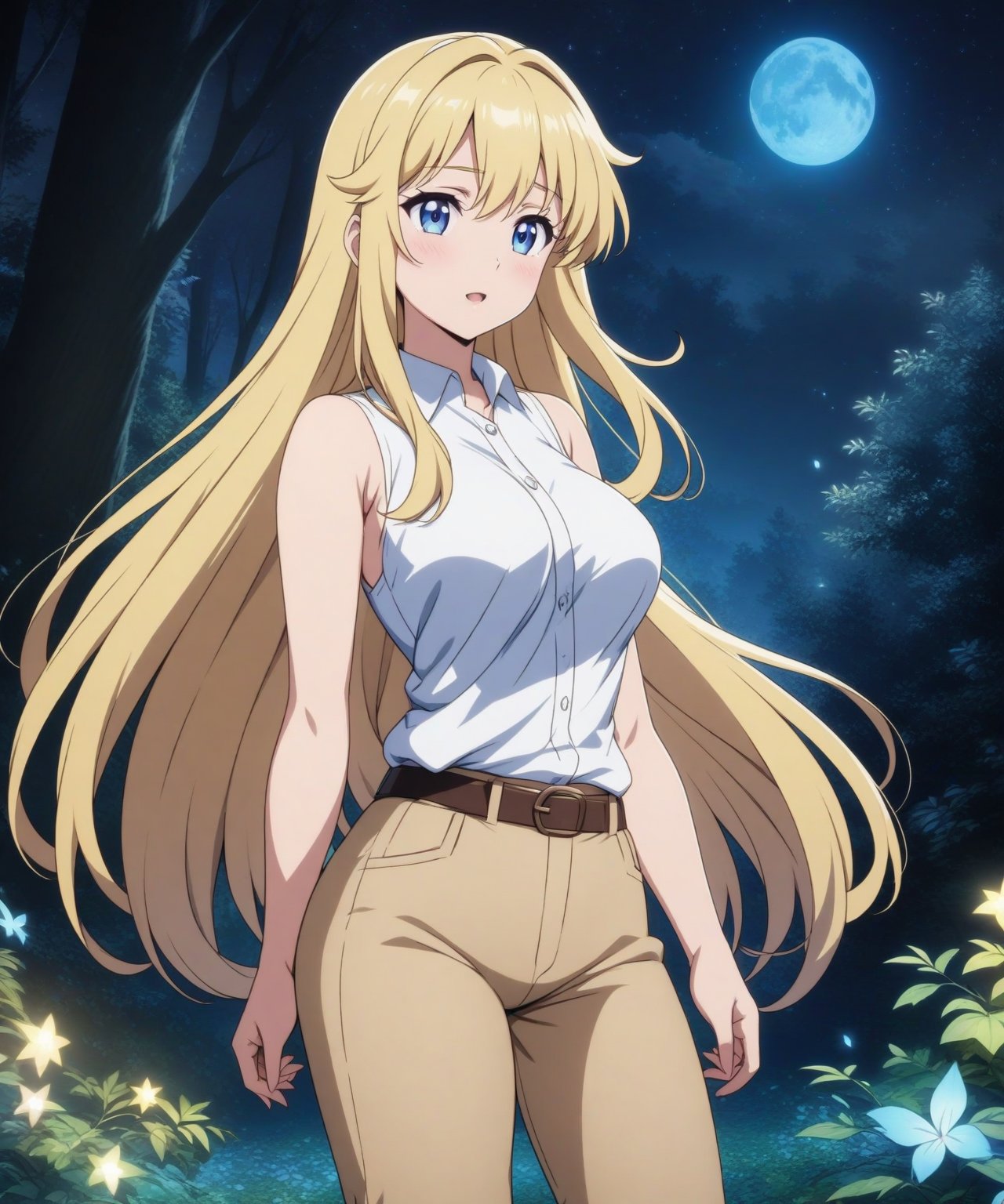 beautiful sexy blonde anime girl with long blonde hair & blue eyes, wearing white sleeveless button up collared shirt & beige khaki pants, in a enchanted forest in a dark night sky, 1girl