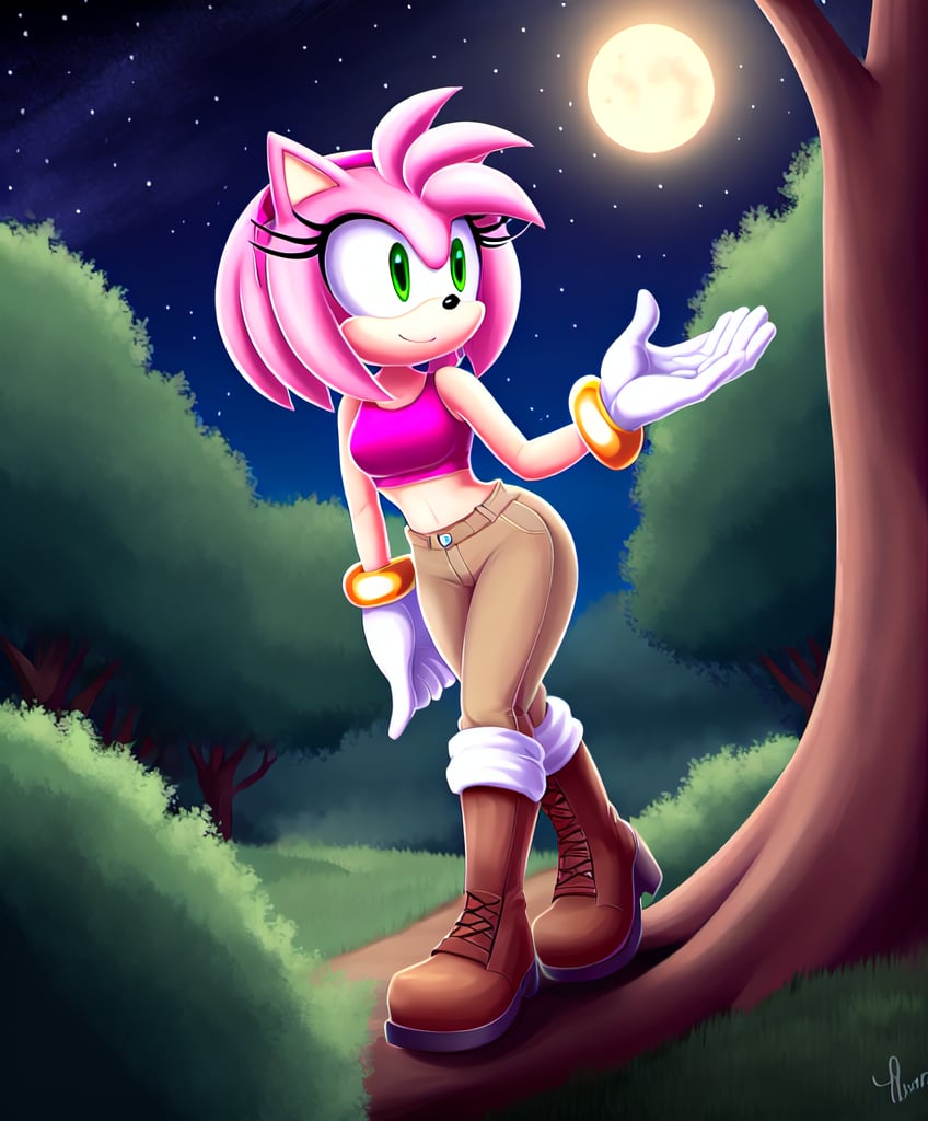 amy rose, sonic the hedgehog \(series\), red headband, short hair, forest, night, clouds, boots, gloves, black sleevless crop top, khaki pants, solo, 1girl