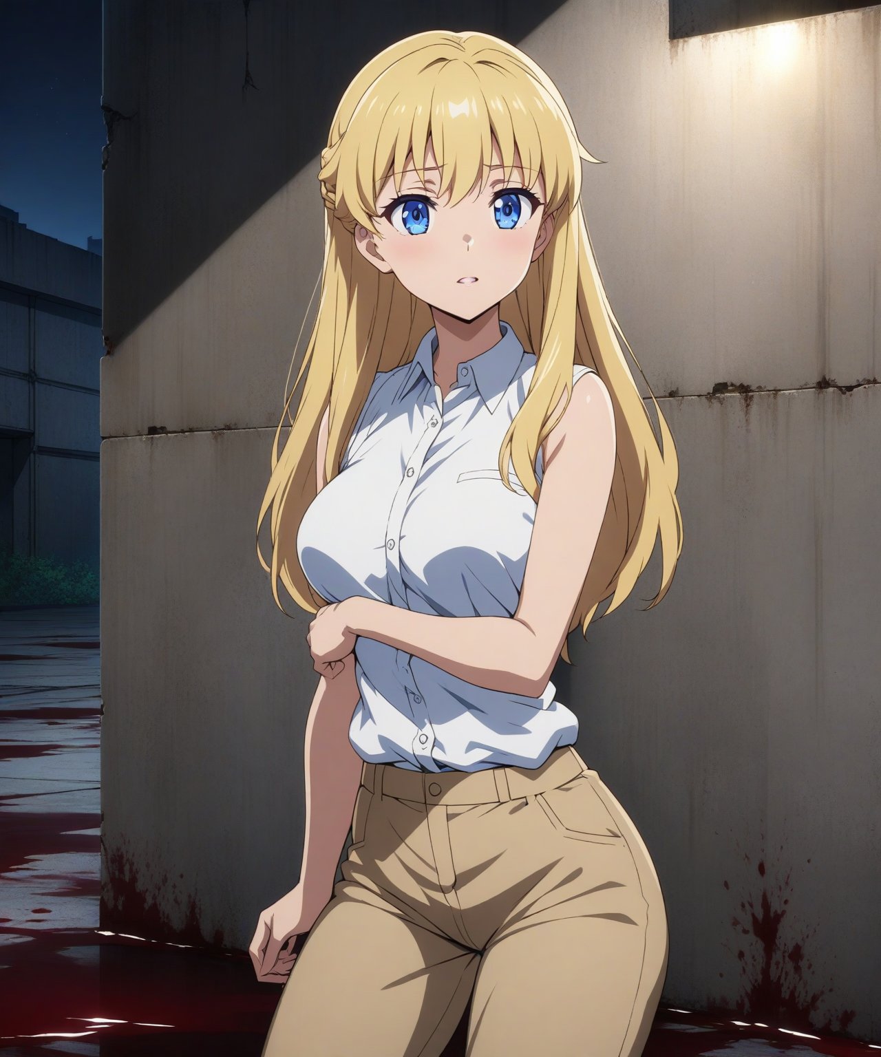 beautiful sexy blonde anime girl with long blonde hair & blue eyes, wearing white sleeveless button up collared shirt & beige khaki pants, inside of a abandoned parking garage walls covered blood at night time, 1girl