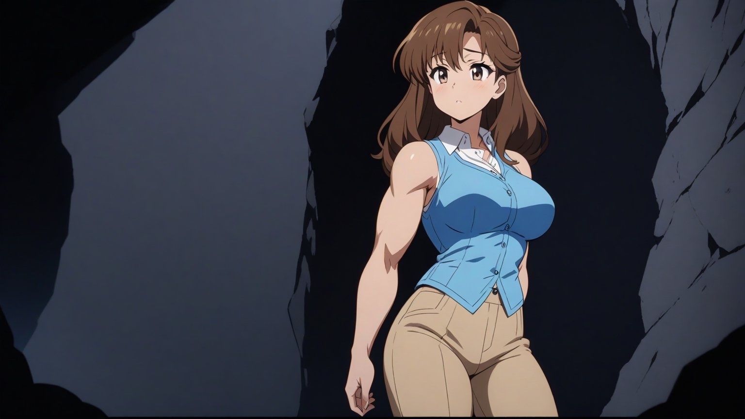 beautiful sexy anime girl with long brown hair & a muscular body, wearing white sleeveless button up collared shirt with a blue vest over it & beige khaki pants, inside of a dark cave in a dark night sky, 1girl