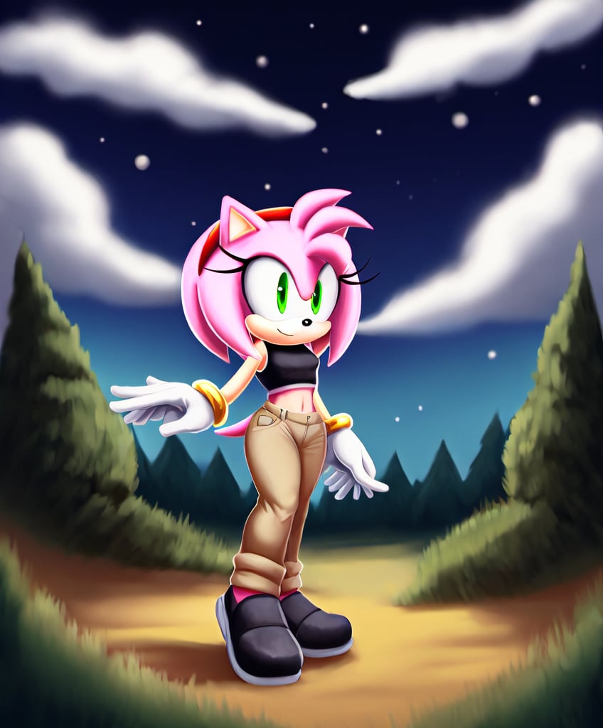 amy rose, sonic the hedgehog \(series\), red headband, short hair, forest, night, clouds, black shoes, gloves, black sleevless crop top, khaki pants, solo, 1girl