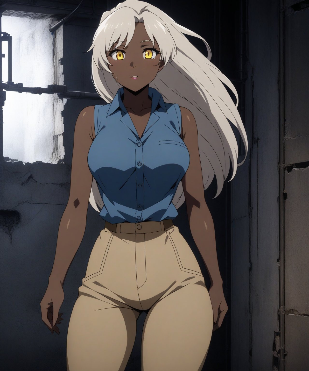 Brown skin beautiful sexy anime girl with long silver hair & yellow eyes, wearing blue sleeveless button up collared shirt & beige khaki pants, inside of a abandoned biomechanical prison in a dark night sky, 1girl, dystopian