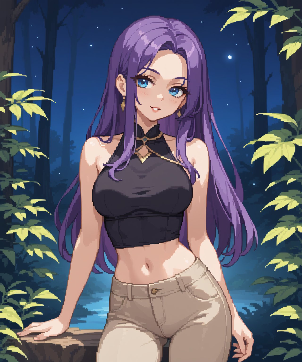 beautiful sexy anime girl with long purple hair & blue eyes, wearing black sleeveless crop top & beige khaki pants, in a enchanted forest in a dark night sky, 1girl