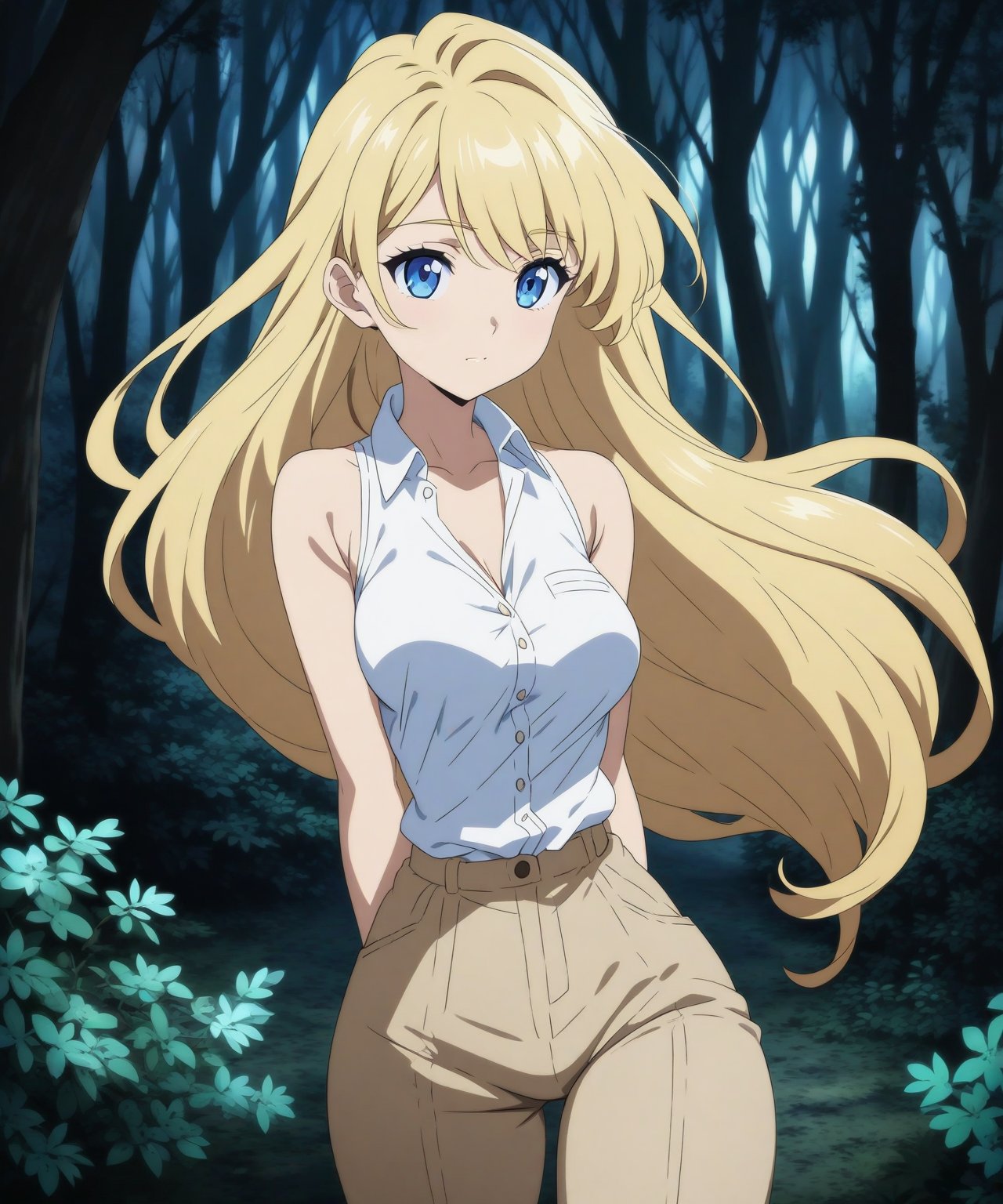 beautiful sexy blonde anime girl with long blonde hair & blue eyes, wearing white sleeveless button up collared shirt & beige khaki pants, in a enchanted forest in a dark night sky, 1girl