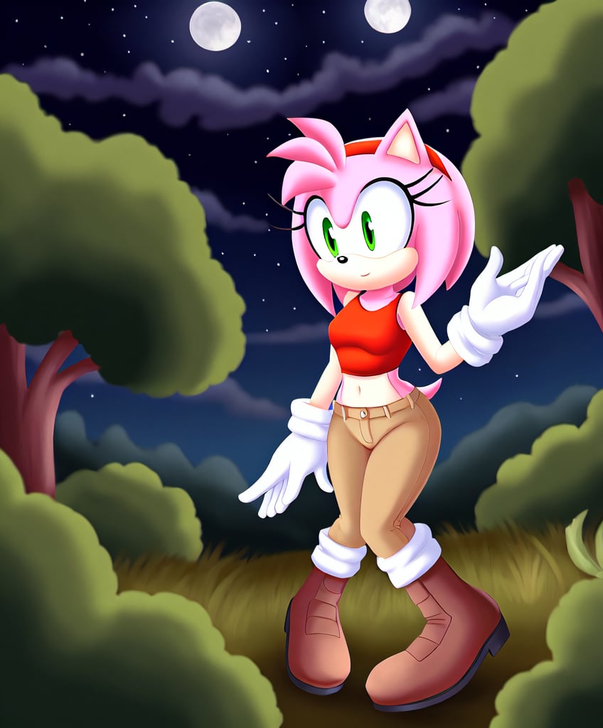 amy rose, sonic the hedgehog \(series\), red headband, short hair, forest, night, clouds, boots, gloves, black sleevless crop top, khaki pants     