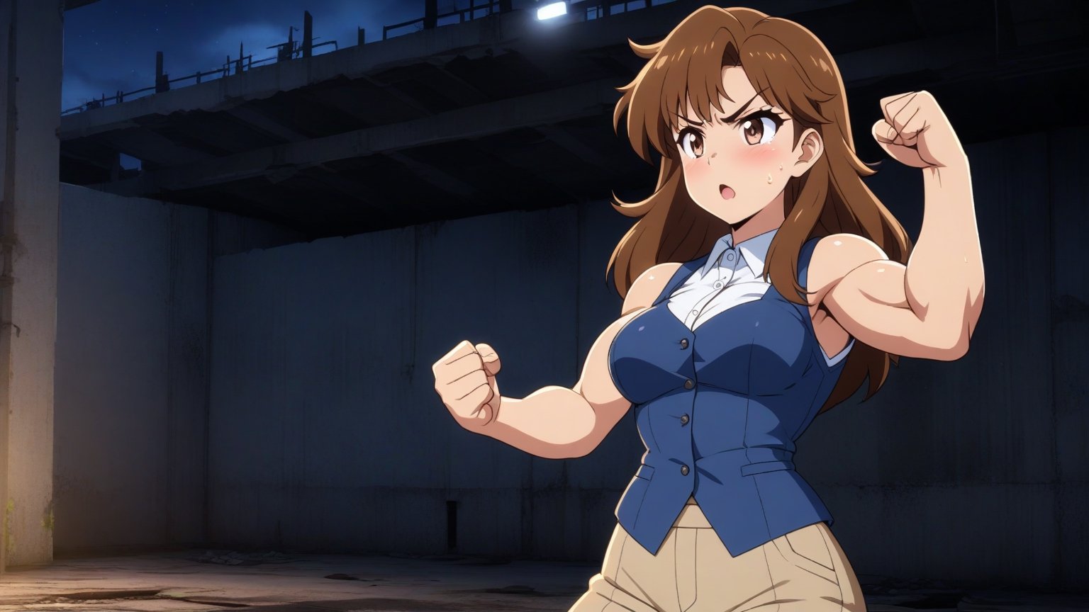  beautiful sexy anime girl with long brown hair & a muscular body, clenching her fists, fight idle pose, wearing white sleeveless button up collared shirt with a blue vest over it & beige khaki pants, in a abandoned urban construction site at night time, 1girl