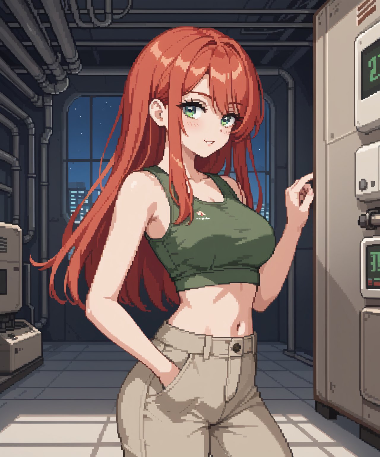 sexy redhead teenage anime girl with long red hair & green eyes, wearing a dark green sleeveless crop top & beige khaki pants, inside of a abandoned urban factory in a dark night sky, 1girl