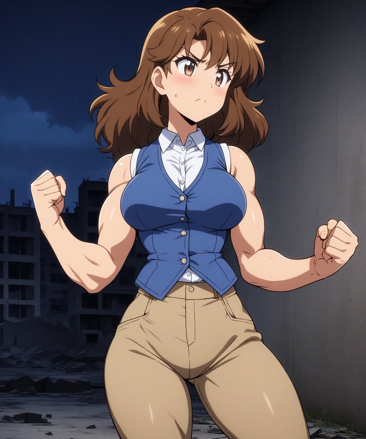  beautiful sexy anime girl with long brown hair & a muscular body, clenching her fists, fight idle pose, wearing white sleeveless button up collared shirt with a blue vest over it & beige khaki pants, in a abandoned urban construction site at night time, 1girl