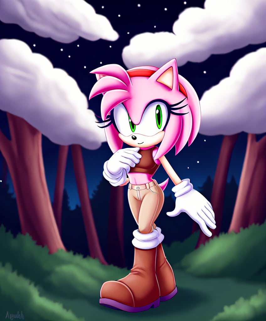 amy rose, sonic the hedgehog \(series\), red headband, short hair, forest, night, clouds, boots, gloves, black sleevless crop top, khaki pants, solo, 1girl