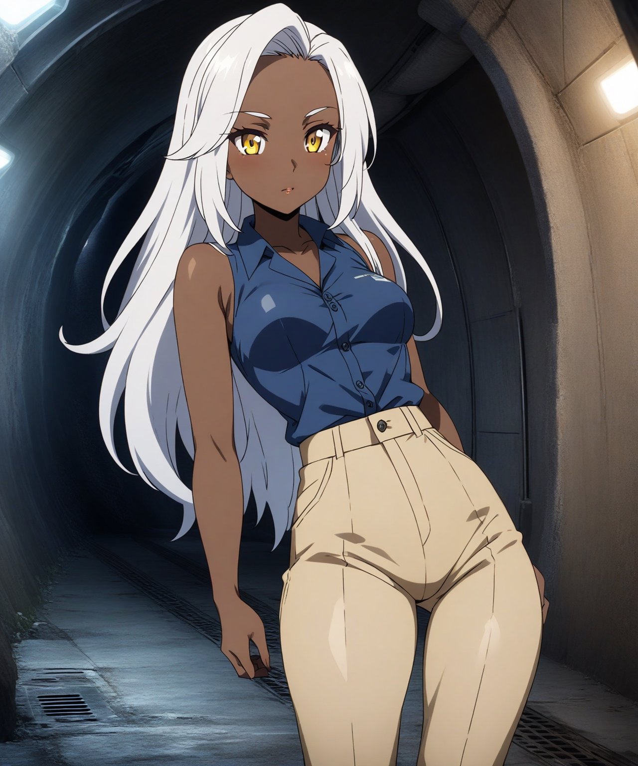 Brown skin beautiful sexy anime girl with long silver hair & yellow eyes, wearing blue sleeveless button up collared shirt & beige khaki pants inside of a underground futuristic maintenance tunnel