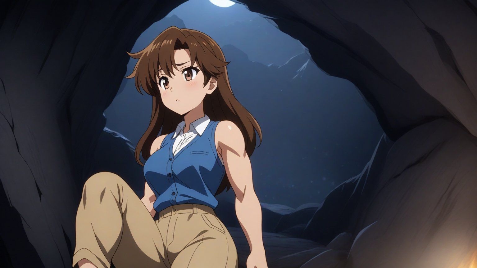 beautiful sexy anime girl with long brown hair & a muscular body, wearing white sleeveless button up collared shirt with a blue vest over it & beige khaki pants, inside of a dark cave in a dark night sky, 1girl