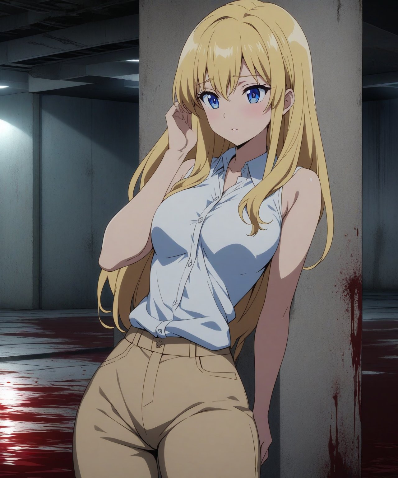 beautiful sexy blonde anime girl with long blonde hair & blue eyes, wearing white sleeveless button up collared shirt & beige khaki pants, inside of a abandoned parking garage walls covered blood at night time, 1girl