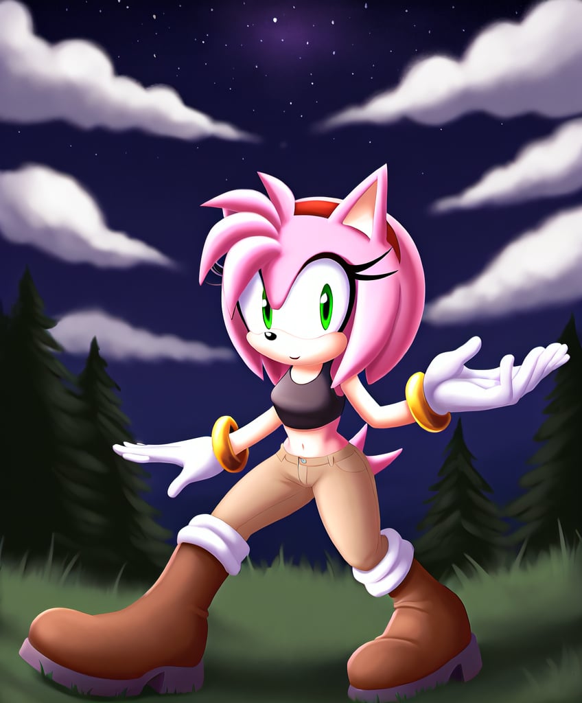 amy rose, sonic the hedgehog \(series\), red headband, short hair, forest, night, clouds, boots, gloves, black sleevless crop top, khaki pants, solo, 1girl