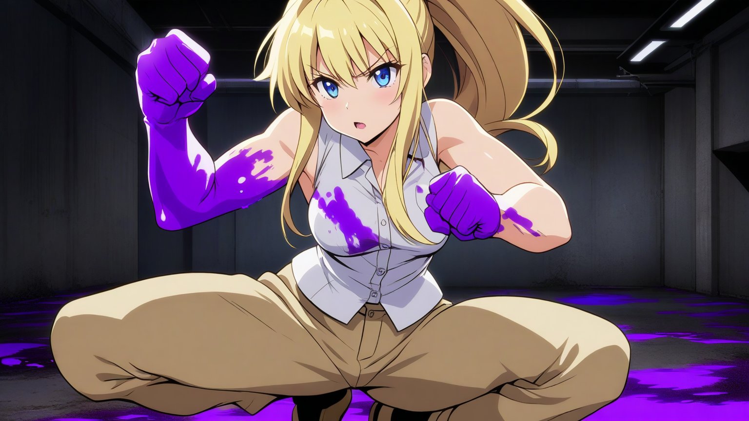 beautiful sexy blonde anime girl with long blonde hair & blue eyes, clenching her fists, fight idle pose, wearing white sleeveless button up collared shirt & beige khaki pants, covered in purple blood, abandoned parking garage covered in purple blood at night time, 1girl