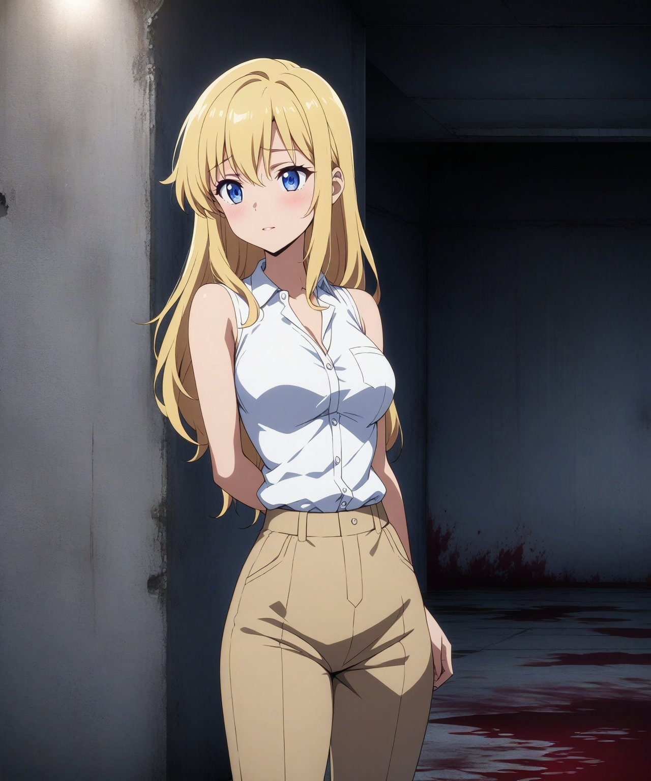 beautiful sexy blonde anime girl with long blonde hair & blue eyes, wearing white sleeveless button up collared shirt & beige khaki pants, inside of a abandoned parking garage walls covered blood at night time, 1girl