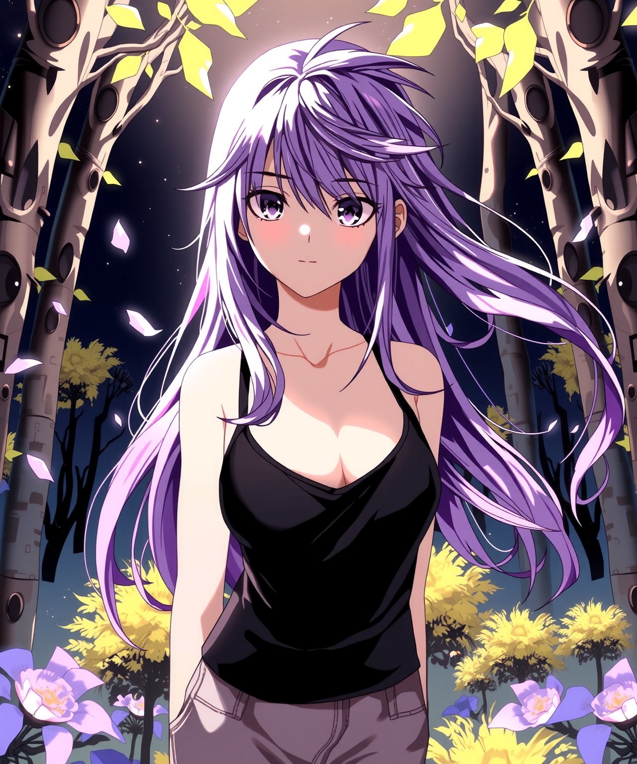 beautiful sexy anime girl with long purple hair & blue eyes, wearing black sleeveless crop top & beige khaki pants, in a enchanted forest in a dark night sky, 1girl