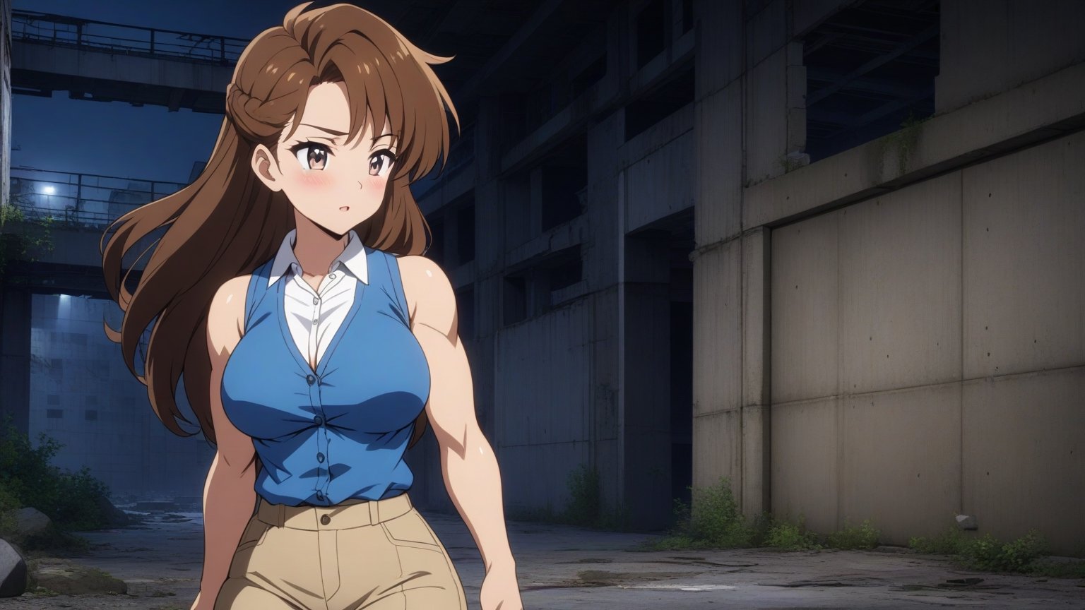 beautiful sexy anime girl with long brown hair & a muscular body, wearing white sleeveless button up collared shirt with a blue vest over it & beige khaki pants, in a abandoned urban construction site at night time, 1girl