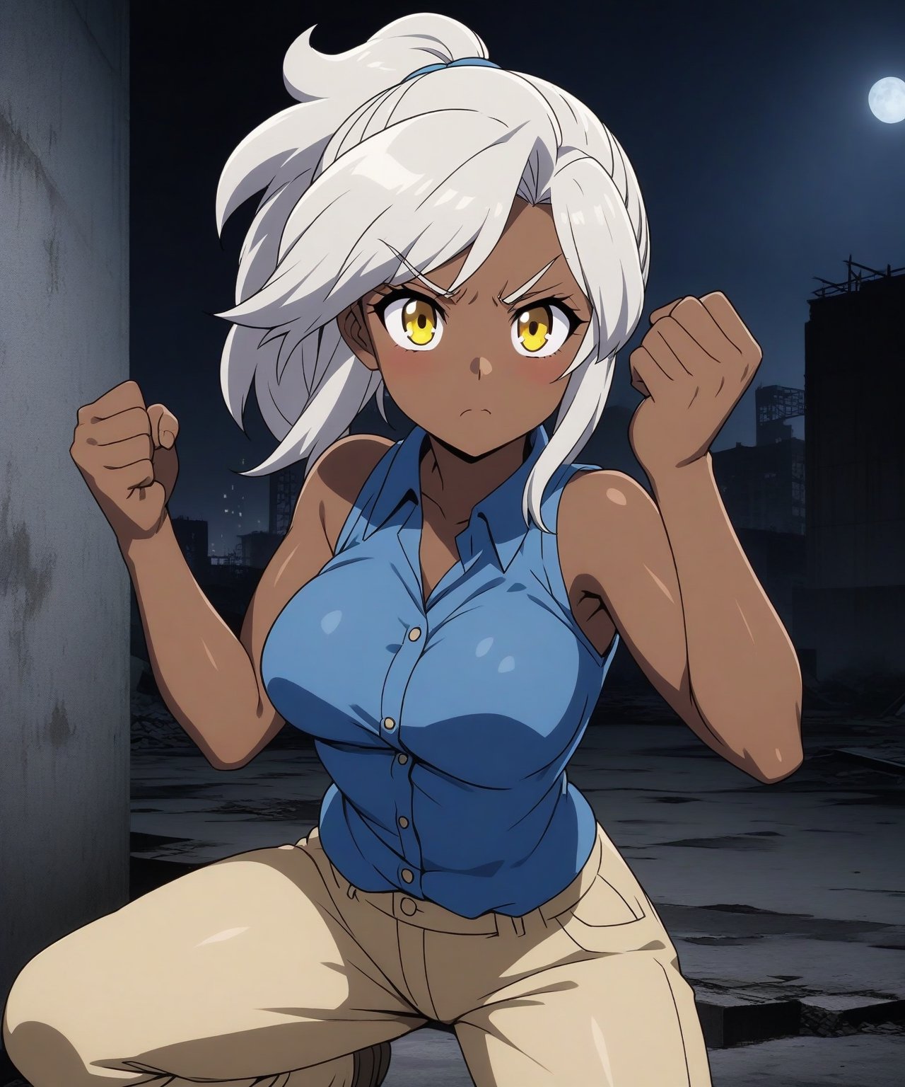 Brown skin beautiful sexy anime girl with long silver hair & yellow eyes, clenching her fists, fight idle pose, wearing blue sleeveless button up collared shirt & beige khaki pants, in a abandoned urban construction site in a dark night sky, 1girl