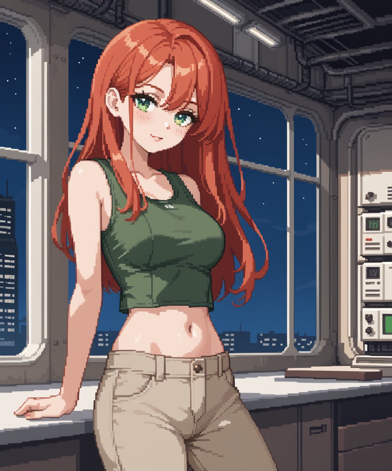 sexy redhead teenage anime girl with long red hair & green eyes, wearing a dark green sleeveless crop top & beige khaki pants, inside of a abandoned urban factory in a dark night sky, 1girl