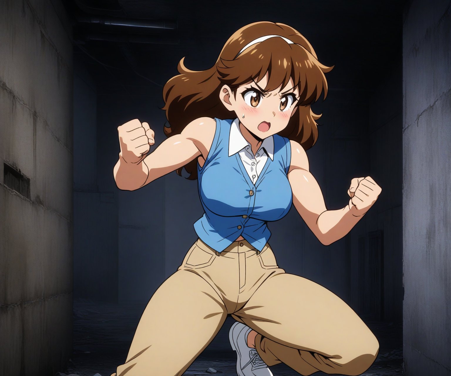 beautiful sexy anime girl with long brown hair & a muscular body, clenching her fists, fight idle pose, wearing white sleeveless button up collared shirt with a blue vest over it & beige khaki pants, in a abandoned urban dark alley in a dark night sky, 1girl
