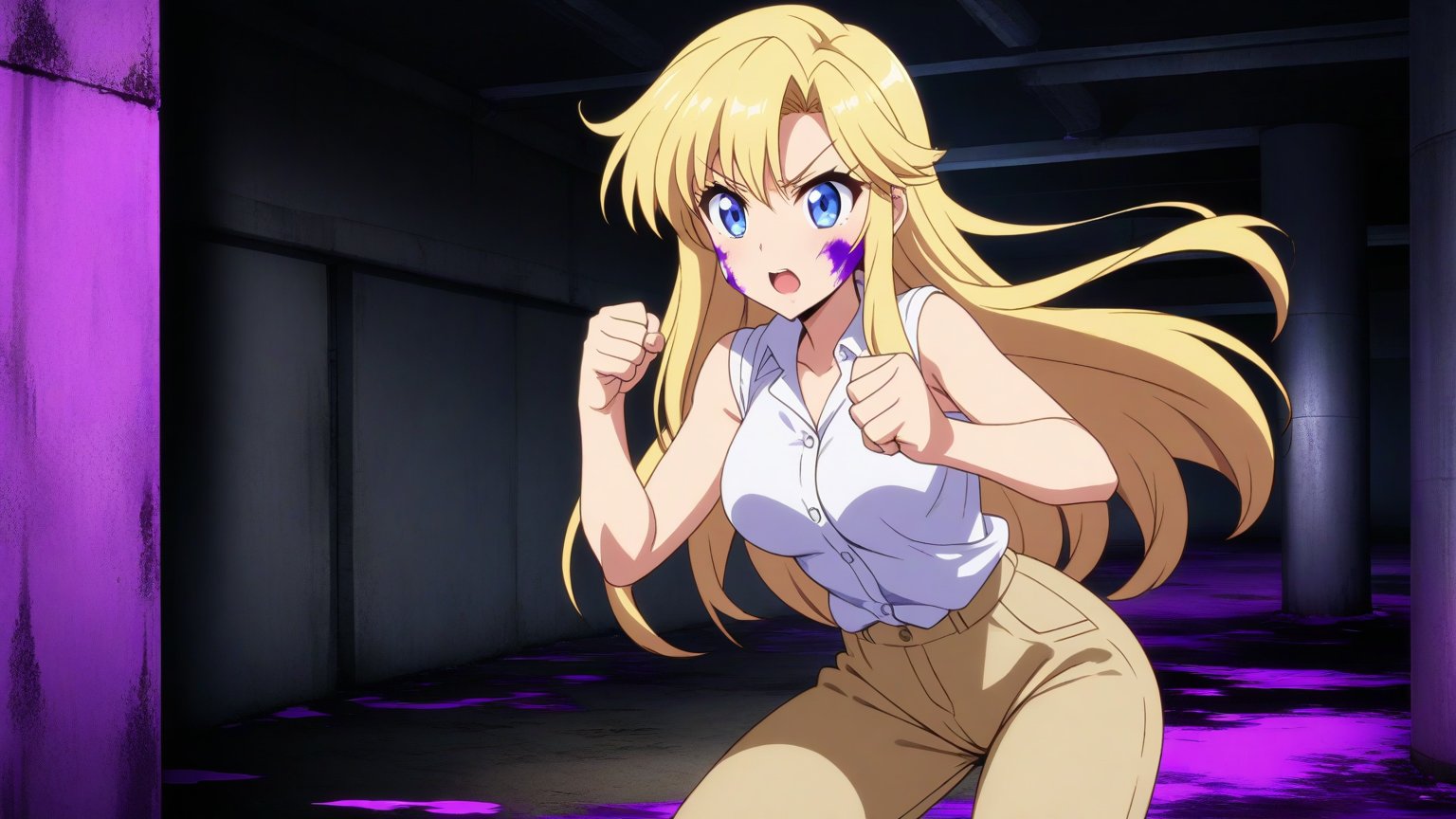 beautiful sexy blonde anime girl with long blonde hair & blue eyes, clenching her fists, fight idle pose, wearing white sleeveless button up collared shirt & beige khaki pants, covered in purple blood, abandoned parking garage covered in purple blood at night time, 1girl