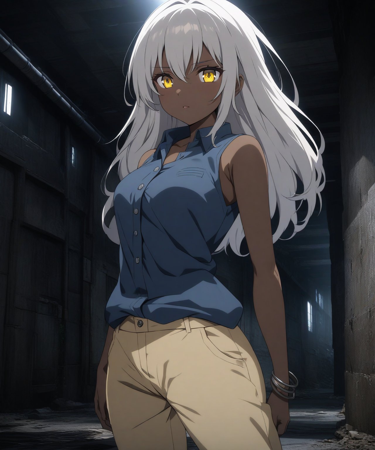 Brown skin beautiful sexy anime girl with long silver hair & yellow eyes, wearing blue sleeveless button up collared shirt & beige khaki pants, inside of a abandoned biomechanical prison in a dark night sky, 1girl, dystopian