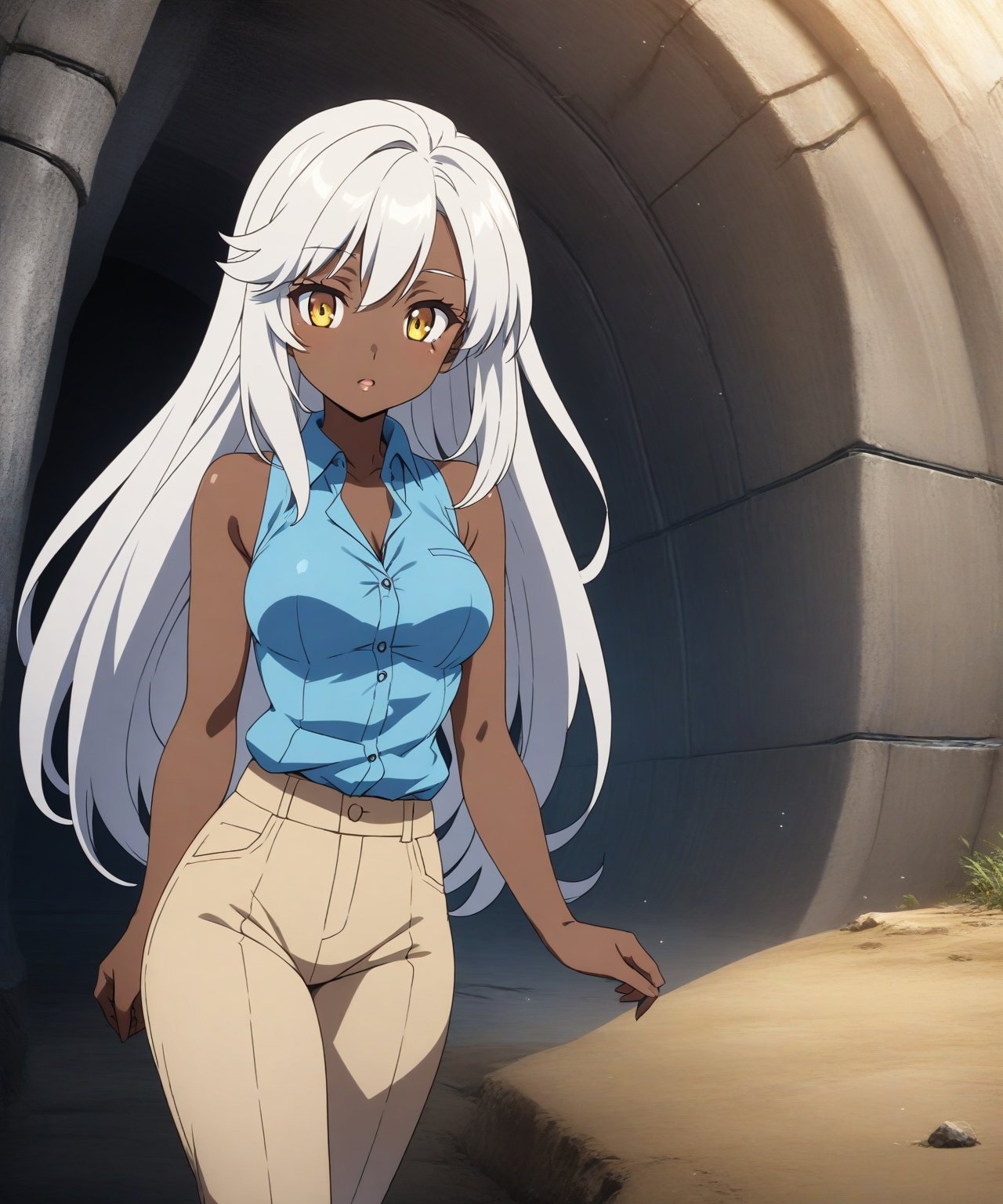 Brown skin beautiful sexy anime girl with long silver hair & yellow eyes, wearing blue sleeveless button up collared shirt & beige khaki pants inside of a underground futuristic maintenance tunnel