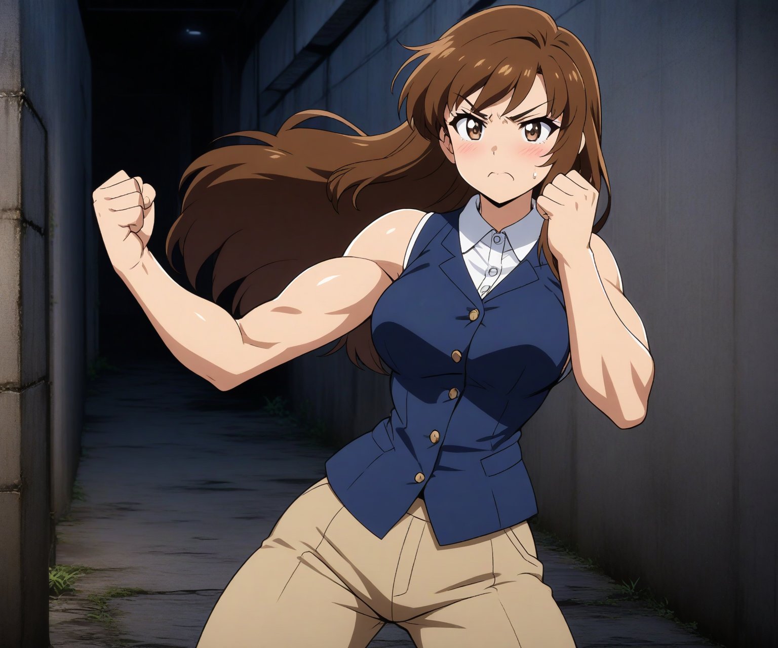 beautiful sexy anime girl with long brown hair & a muscular body, clenching her fists, fight idle pose, wearing white sleeveless button up collared shirt with a blue vest over it & beige khaki pants, in a abandoned urban dark alley in a dark night sky, 1girl
