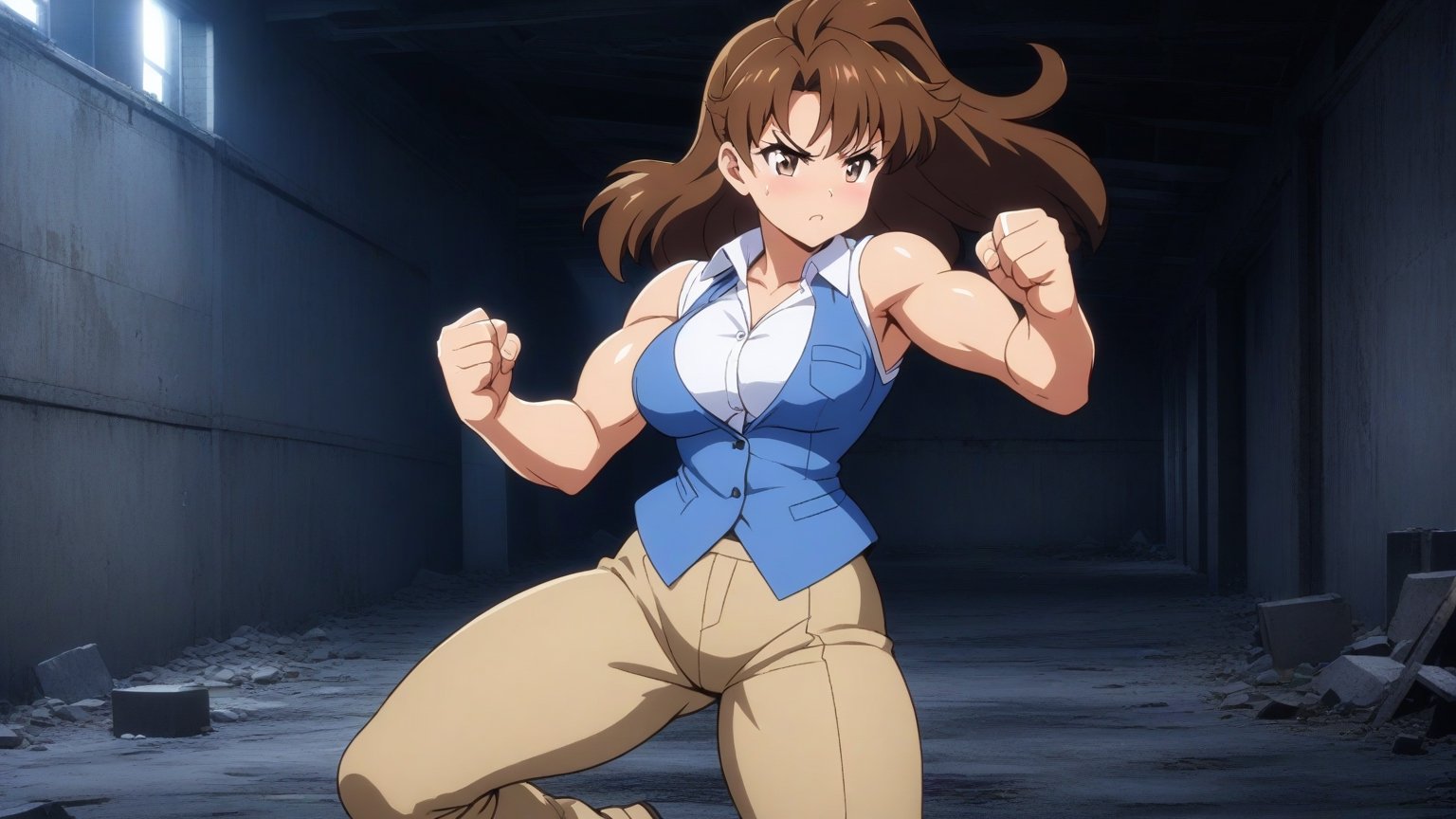  beautiful sexy anime girl with long brown hair & a muscular body, clenching her fists, fight idle pose, wearing white sleeveless button up collared shirt with a blue vest over it & beige khaki pants, in a abandoned urban construction site at night time, 1girl