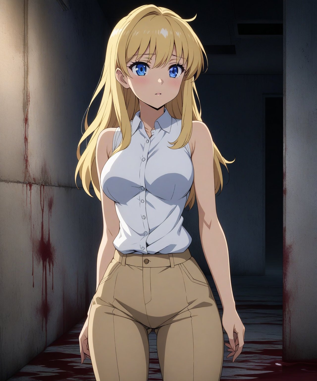 beautiful sexy blonde anime girl with long blonde hair & blue eyes, wearing white sleeveless button up collared shirt & beige khaki pants, inside of a abandoned parking garage walls covered blood at night time, 1girl