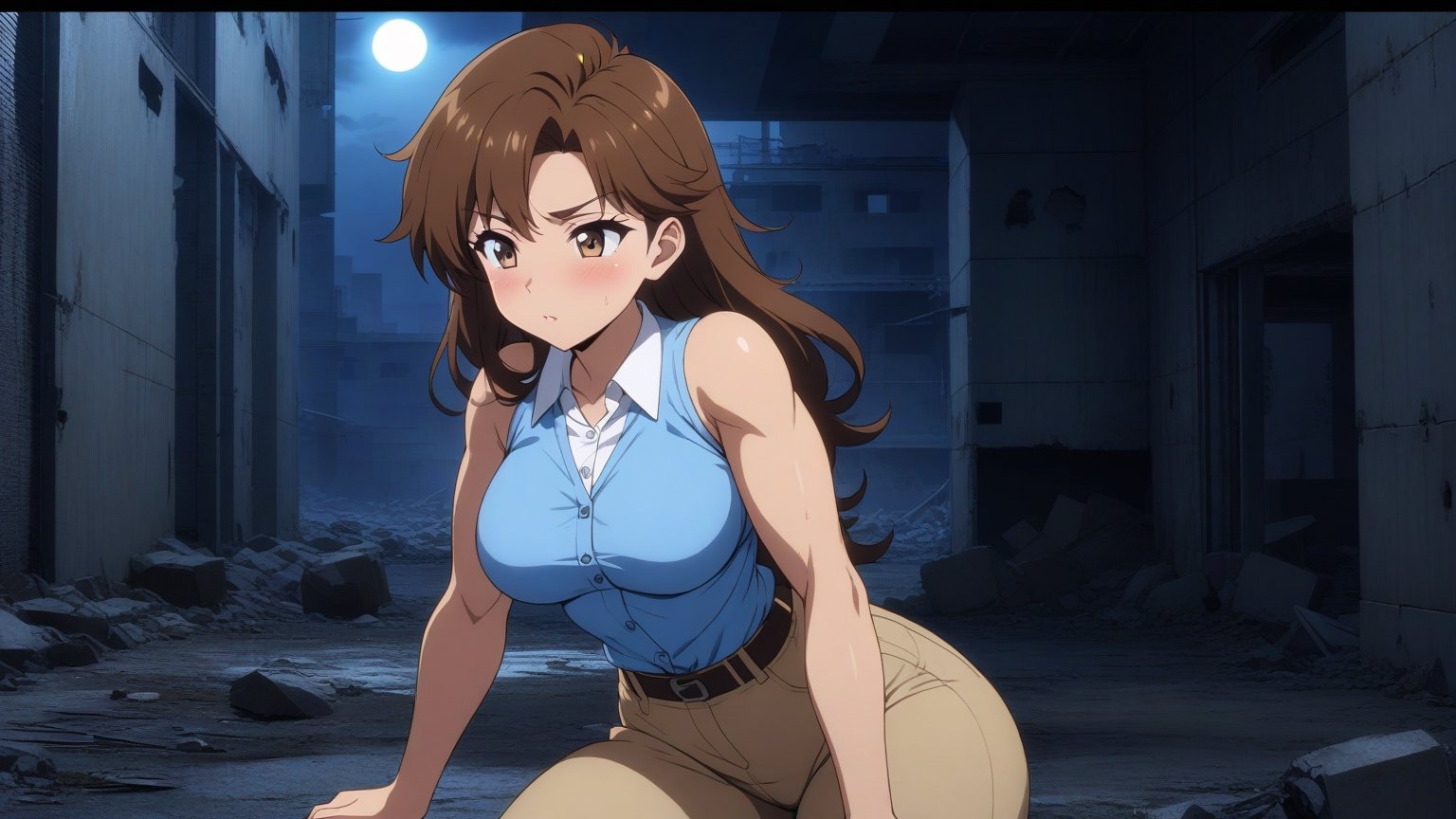 beautiful sexy anime girl with long brown hair & a muscular body, wearing white sleeveless button up collared shirt with a blue vest over it & beige khaki pants, in a abandoned urban construction site at night time, 1girl