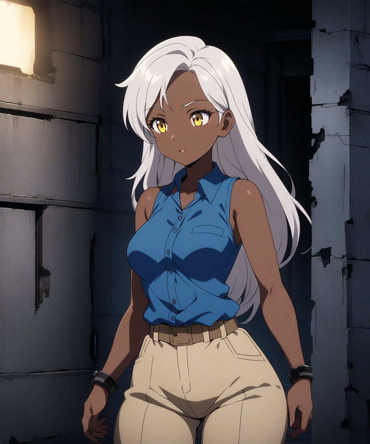 rear view of a Brown skin beautiful sexy anime girl with long silver hair & yellow eyes, wearing blue sleeveless button up collared shirt & beige khaki pants, inside of a abandoned biomechanical prison in a dark night sky, 1girl, dystopian